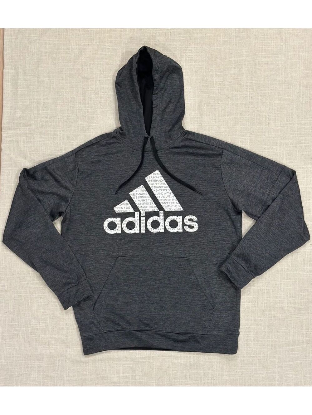 Adidas Climawarm Gray Men's Large Logo Pullover Hoodie Multi Language Background